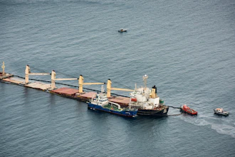 A view of the Tuvalu-registered OS 35 cargo ship that collided with a liquid natural gas carrier in the bay of Gibraltar, Sept. 1, 2022.