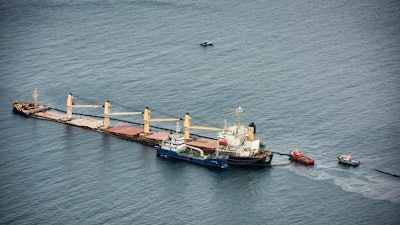 A view of the Tuvalu-registered OS 35 cargo ship that collided with a liquid natural gas carrier in the bay of Gibraltar, Sept. 1, 2022.