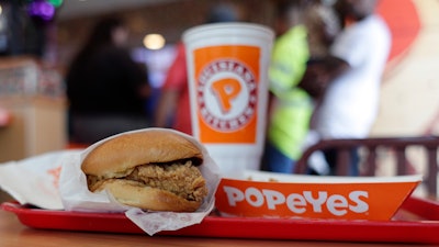 A chicken sandwich is displayed at a Popeyes fast food restaurant in Kyle, Texas, Aug. 22, 2019.