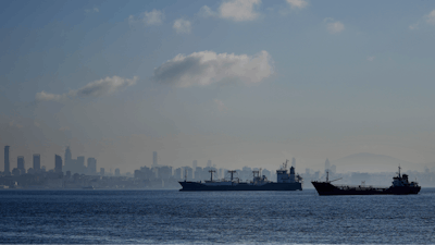Cargo ships anchored in the Marmara Sea wait to cross the Bosphorus Straits in Istanbul, Nov. 1, 2022.