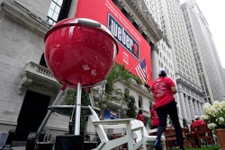 A giant Weber Inc. grill is displayed outside the New York Stock Exchange prior to the company's IPO, Aug. 5, 2021.