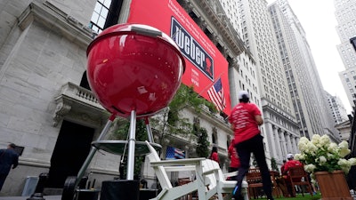 A giant Weber Inc. grill is displayed outside the New York Stock Exchange prior to the company's IPO, Aug. 5, 2021.