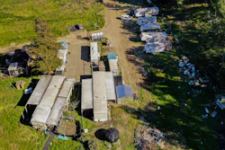 A drone photo of mobile homes at the California Terra Garden, formerly Mountain Mushroom Farm, in Half Moon Bay, Calif., Jan. 26, 2023.