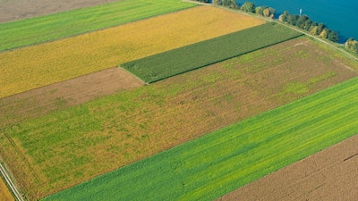 Aerial view of crops near Chalon-sur-Saône, France.