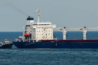 A boat with Russian, Ukrainian, Turkish and U.N. officials heads to the Sierra Leone-flagged cargo ship Razoni off the coast of Istanbul, Aug. 3, 2022.