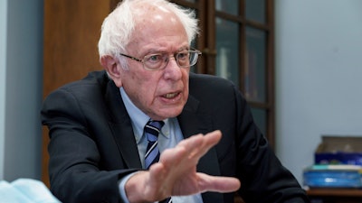 Sen. Bernie Sanders, I-Vt., during an interview with The Associated Press in his Capitol Hill office, Washington, Feb. 7, 2023.