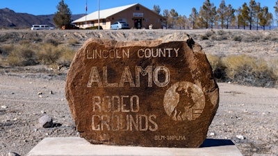 Alamo Rodeo grounds sign in Alamo, Nevada, Feb. 10, 2023.