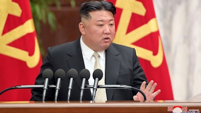 In this photo provided by the North Korean government, North Korean leader Kim Jong Un speaks during a meeting of the ruling Workers’ Party in Pyongyang, Feb. 27, 2023.