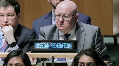 Russia United Nations Ambassador Vassily Nebenzia at U.N. headquarters, Feb. 23, 2023.