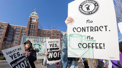 A labor protest outside Starbucks headquarters, Seattle, March 22, 2023.