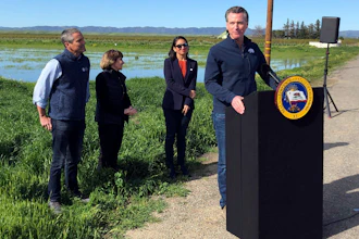California Gov. Gavin Newsom during a news conference from a farm in Dunnigan, Calif., March 24, 2023.