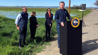 California Gov. Gavin Newsom during a news conference from a farm in Dunnigan, Calif., March 24, 2023.