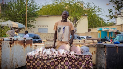 A fishmonger stands in front of his wares near the Soumbedioune fish market in Dakar, Senegal, May 31, 2022.