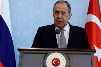Russian Foreign Minister Sergey Lavrov during a news conference with Turkish Foreign Minister Mevlut Cavusoglu in Ankara, April 7, 2023.