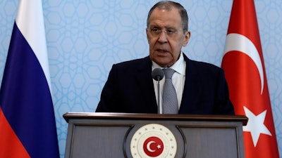 Russian Foreign Minister Sergey Lavrov during a news conference with Turkish Foreign Minister Mevlut Cavusoglu in Ankara, April 7, 2023.