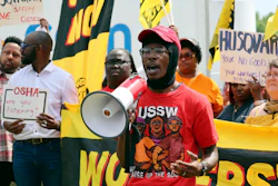Sersie Cobb, a forklift operator, speaks at a strike outside a Ryder System Inc. warehouse in Columbia, S.C., Tuesday, April 4, 2023.