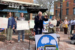U.S. Sen. Bernie Sanders, I-Vt., at a news conference outside a Ben & Jerry's shop in Burlington, April 28, 2023.