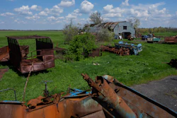 Destroyed farm machinery and warehouse in Potomkyne, Ukraine, April 25, 2023.