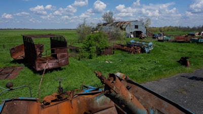 Destroyed farm machinery and warehouse in Potomkyne, Ukraine, April 25, 2023.