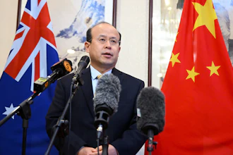 China's Ambassador to Australia Xiao Qian speaks to media at the Embassy of China in Canberra, May 18, 2023.
