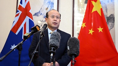 China's Ambassador to Australia Xiao Qian speaks to media at the Embassy of China in Canberra, May 18, 2023.