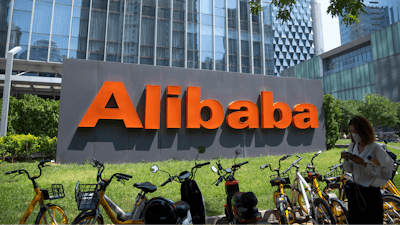 The logo of Chinese technology firm Alibaba at its office in Beijing, Aug. 10, 2021.