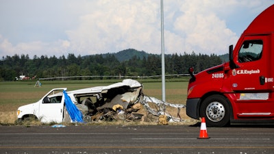 A damaged vehicle on Interstate 5 Northbound in Marion County, Ore., May 18, 2023.