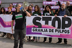 Animal rights activists gather to protest outside Spain's Agriculture Ministry in Madrid, May 21, 2023.