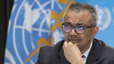 Tedros Adhanom Ghebreyesus, Director General of the World Health Organization (WHO), speaks to journalists during a press conference about the Global WHO on World Health Day and the 75th anniversary at the World Health Organization (WHO) headquarters in Geneva, Switzerland, Thursday April 6, 2023.