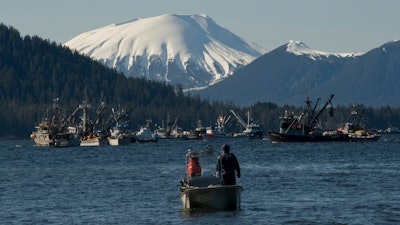 Boats jockey for position before the opening of the Sitka Sound sac roe herring fishery, Sitka, Alaska, March 23, 2014.