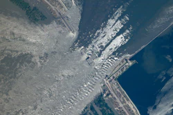 Satellite image of damage on the Kakhovka dam in southern Ukraine, June 6, 2023.