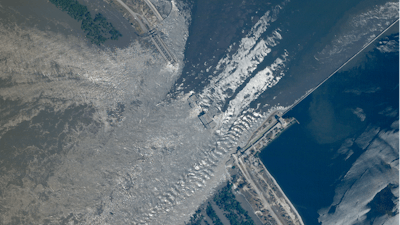 Satellite image of damage on the Kakhovka dam in southern Ukraine, June 6, 2023.
