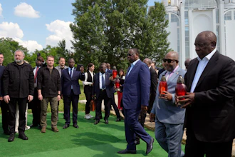 From right, South Africa President Cyril Ramaphosa, President of the Union of Comoros Azali Assoumani and Senegal President Macky Sall attend a ceremony in Bucha, Ukraine, June 16, 2023.