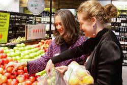 Catherine Langabeer, left, the head of sustainability at Countdown supermarkets, and Associate Environment Minister Rachel Brooking, June 29, 2023, Wellington, New Zealand.