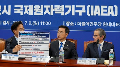 Opposition lawmaker Woo Won-shik, left, shows a list of proposed disposal methods for contaminated water at the National Assembly in Seoul, July 9, 2023.
