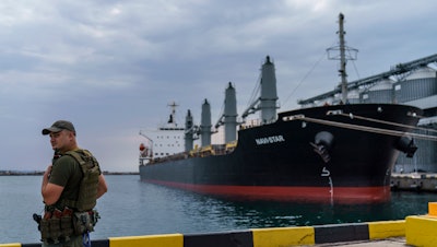 A security officer next to the ship Navi-Star at the Odesa Sea Port, Ukraine, July 29, 2022.