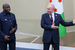 Russian President Vladimir Putin, right, and President of the Republic of Burundi Evariste Ndayishimiye on the sidelines of the Russia Africa Summit in St. Petersburg, Russia, July 27, 2023.
