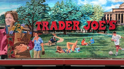 Trader Joe's logo on a mural at its market in Cambridge, Mass., Aug. 13, 2019.
