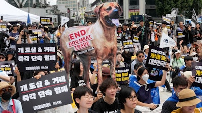 Activists stage a rally opposing South Korea's traditional culture of eating dog meat, Seoul, July 8, 2023.