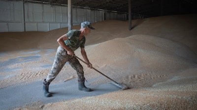 A worker rakes wheat in a granary on a farm in Zhurivka, Ukraine, Aug. 10, 2023.