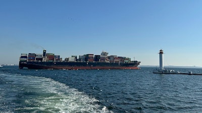 The container ship Joseph Schulte leaves the port of Odesa, Ukraine, Aug. 16, 2023.