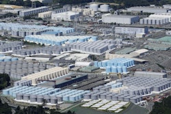 This aerial view shows the tanks containing treated radioactive wastewater at the Fukushima Daiichi nuclear power plant in Fukushima, northern Japan, on Aug. 22, 2023.
