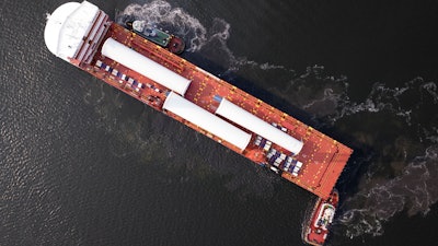 The UHL Felicity, carrying parts for offshore wind turbines, arrives in New Bedford, Mass., May 24, 2023.