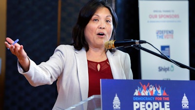 Julie Su, Acting Labor Secretary, speaks during an impromptu appearance at the 'Democracy for the People' tour Wednesday, July 28, 2023, in Houston.