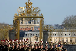 French Republican guards march during an EU summit at the Chateau de Versailles, March 10, 2022.