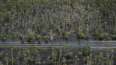 A road cuts through a flooded area south of Perry, Fla., following Hurricane Idalia, Aug. 30, 2023.