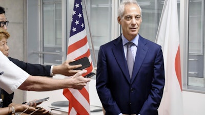 U.S. Ambassador to Japan Rahm Emanuel speaks to the media in Tokyo, Sept. 22, 2023.
