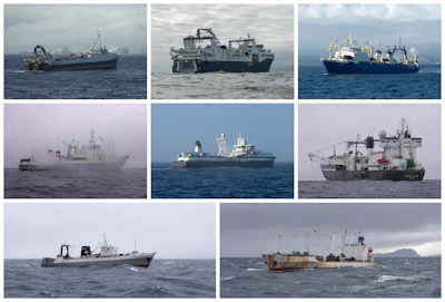 This combination of March 2023 photos shows ships involved in krill fishing in the Southern Ocean off Antarctica, top row from left, the Antarctic Endeavour, the Shen Lan and the Sejong; middle row from left, the Long Fa, the Antarctic Endurance and the Antarctic Sea; bottom row from left, the More Sodruzhestva and the Frio Las Palmas.