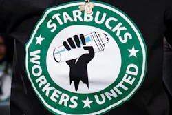 The Starbucks Workers United logo on a shirt at a hearing in Washington, March 29, 2023.