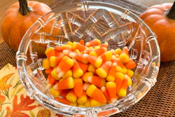This image shows a bowl of candy corn in Westchester County, N.Y. on Oct. 23, 2023.